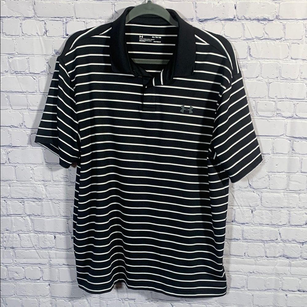 Under Armour Mens Striped Short Sleeve Polo Black & White Size XL Golf Prep